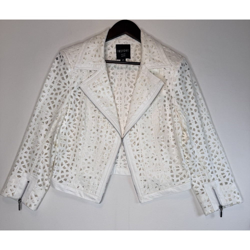 Insight NY Petite Vegan Leather Moto Jacket Sz 10 P Cream Laser Cut Modern READ